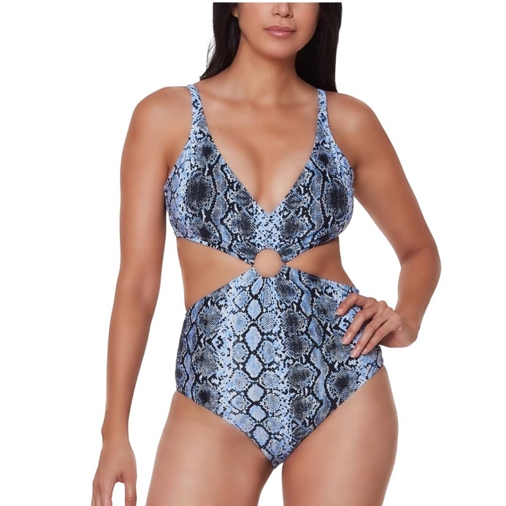 Bar III Womens Blue Snakeskin Print Cutout O-Ring Monokini One Piece Swimsuit M